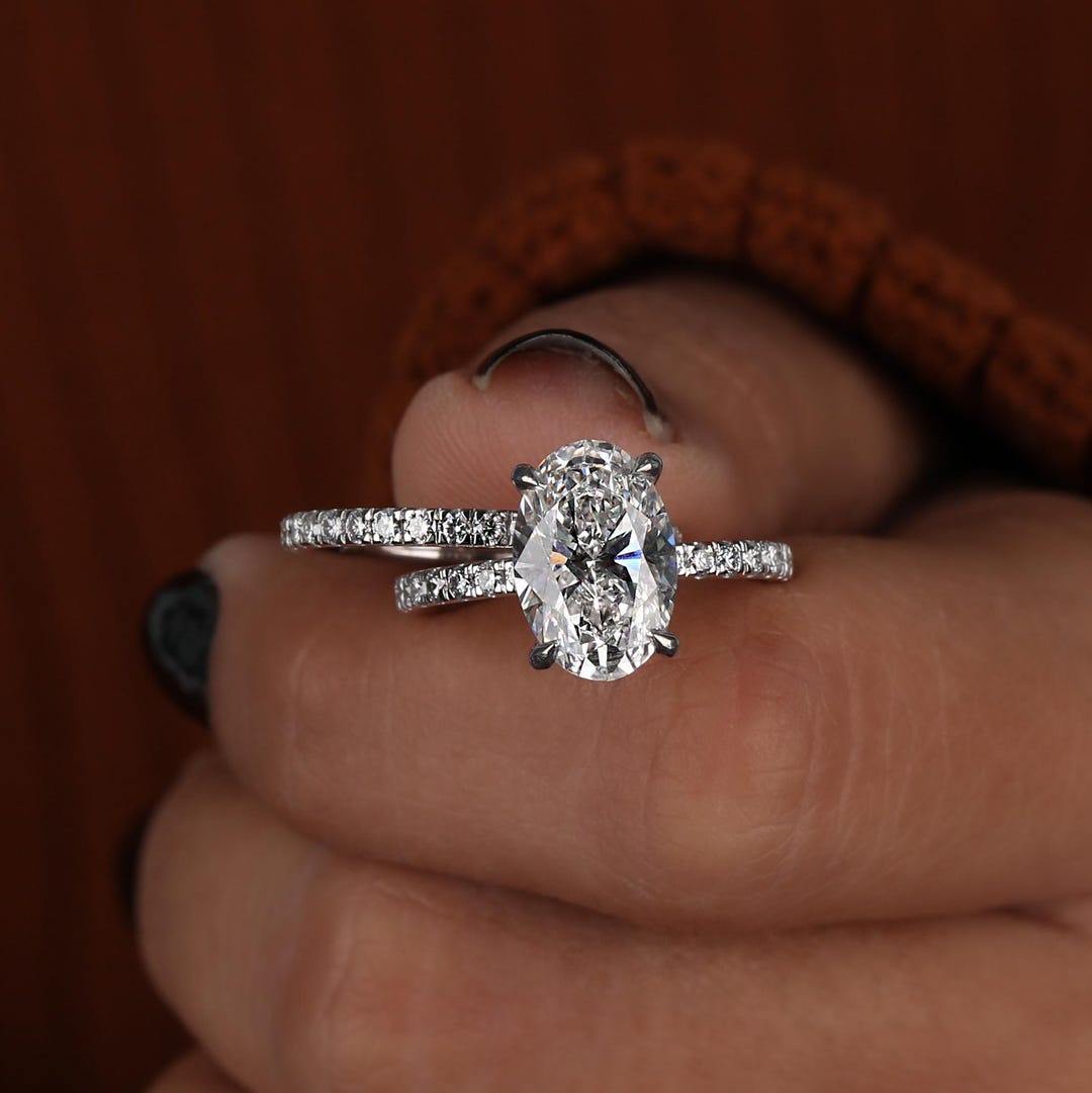 IGI Certified Lab Grown Oval Diamond Engagement Ring Set: Hidden Halo ...