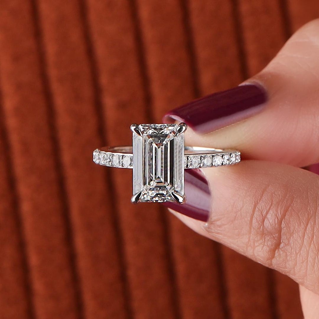 Emerald Cut Lab Grown Diamond Engagement Ring – 14k White Gold Pave ...
