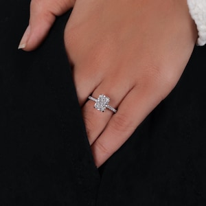 2.50 Carat Radiant Lab Grown Diamond Engagement Ring: Hidden Halo, Pave Band