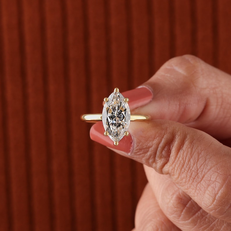 Marquise Cut Lab Grown Diamond Solitaire Engagement Ring, 14k Yellow ...