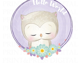 hello world owl Clipart, owl PNG, Digital Download, OwlBaby vest, Cute Owl sublimation, printed design, full rights, Baby owl graphic