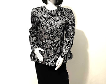 80s Vintage Metallic and Velvet Shirt with Peplum Detail UK 10