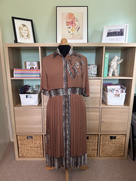 80s Vintage La Moda Goji Animal Print Dress UK 14