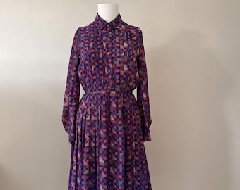 80s Button Front Dress with Pleated Skirt. Size UK 8