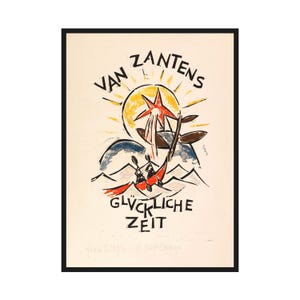 May include: A framed vintage print with the text "Van Zantens" above a yellow sun and red star. The image depicts a red kayak with two people paddling, with the words "Glückliche Zeit" below.