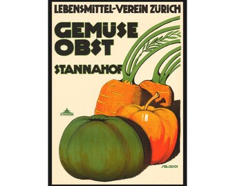 May include: Vintage poster featuring a still life of vegetables. The poster includes a green pumpkin, two orange carrots with green tops, and an orange fruit. The text at the top reads "Lebensmittel-Verein Zurich" and "Gemuse Obst Stannhof".
