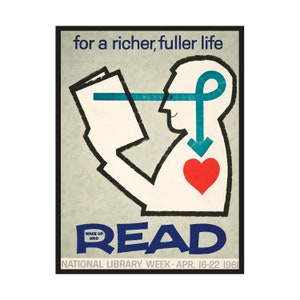 Póster vintage de la Semana de la Biblioteca, lámina de lectura de mediados de siglo, Semana Nacional de la Biblioteca de 1961, decoración de pared educativa retro, regalo para amantes de los libros.