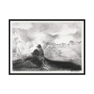 May include: A framed black and white pencil drawing depicts a seated figure with a hat and walking stick, observing a scene with figures and a fire. The artwork, signed "L'errant", showcases a landscape with trees and a cloudy sky.