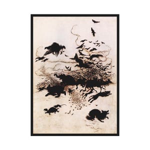 Op de afbeelding: Zwart-wit illustratie van een fantastische scène met silhouetten van dieren en vogels tegen een lichte achtergrond. Het kunstwerk toont een zwerm vogels, rennende dieren en een schildpadachtig wezen, allemaal in een dynamische compositie.