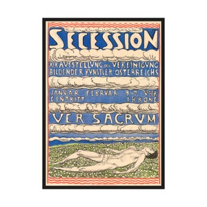 May include: A vintage poster for the Secession exhibition of the Association of Austrian Artists. The poster features a blue and white background with clouds and a man lying on a field of flowers. The text reads "SECESSION XIX AVSSTELLUNG DER VEREINIGUNG BILDENDER KUNSTLER OSTERREICHS JANVAR FEBRVAR 9-7 VHR CINTRITT 1KRONE VER SACRVM".