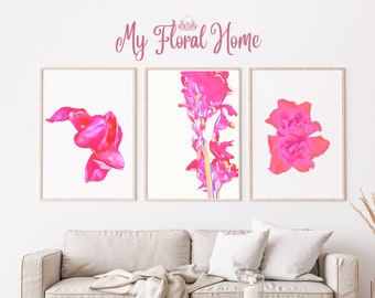 Pink Gallery Wall Set of 3 Prints, Modern Wall Pink Floral Art, Minimal Botanical Printable Art, Boho Pink Flowers, Watercolor Wall Set