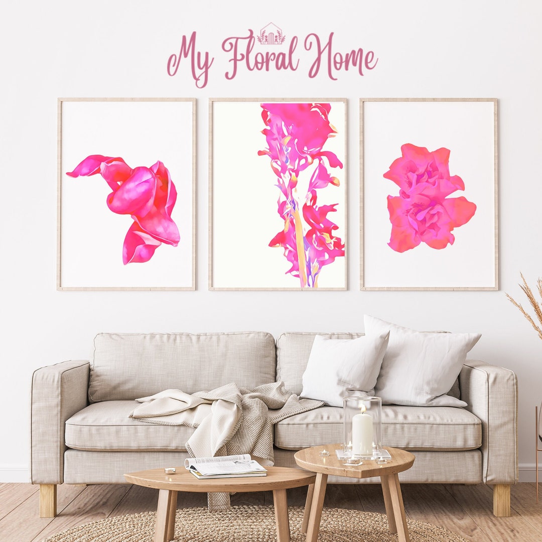 Pink Gallery Wall Set of 3 Prints, Modern Wall Pink Floral Art, Minimal