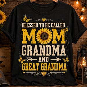 Peut inclure: T-shirt noir avec un motif de tournesol et l'inscription "Blessed to be called Mom Grandma and Great Grandma". Le design comprend des papillons et des coeurs jaunes. Un cadeau idéal pour la fête des mères.