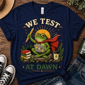 Könnte beinhalten: Marineblaues T-Shirt mit einer Grafik eines Frosch-Superhelden, der einen Bleistift und einen Laptop hält, mit dem Text "WE TEST AT DAWN". Der Frosch trägt einen roten Umhang und sitzt auf einem Felsen mit Büchern und einer Kaffeetasse.