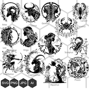 Entschlüssele die Geheimnisse der Stars mit unserer Gothic Sternzeichen SVG-Kollektion - Perfekt für dunkles, launisches und mysteriöses Kunsthandwerk und Dekor