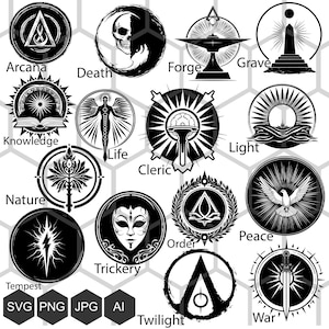 Domini divini: loghi SVG e PNG - Incarna i sentieri sacri di Dungeons and Dragons Sottoclassi del chierico, svg del chierico, potere sacro, classi di DnD