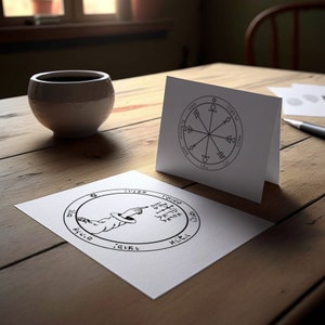 May include: Two white cards with black ink drawings of sigils. The sigils are surrounded by Hebrew text. One card has a circle with a star in the center and eight lines radiating out from the center. The other card has a circle with a hand pointing to the right and Hebrew text around the circle.