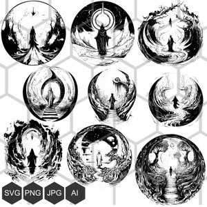 Voyage émouvant : découvrez des images SVG et PNG tranquilles pour illuminer votre chemin spirituel avec sérénité et sagesse, gravure de coupe vectorielle png