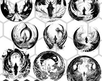 May include: Nine black and white illustrations of figures walking through different landscapes. Each illustration is circular and features a figure walking towards a light source.
