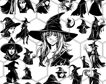 Female Wizard SVG PNG Bundle, Enchantress Coven Clipart, Fantasy Mage Sorceress Character Art