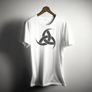 May include: White t-shirt with a gray, three-pointed symbol on the front.