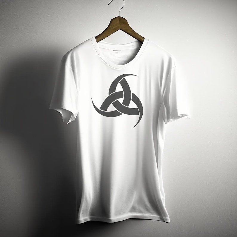 May include: White t-shirt with a gray, three-pointed symbol on the front.