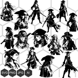 ¡Hola compañeros! Dé rienda suelta a su reina pirata interior con nuestra colección de imágenes PNG SVG de piratas femeninos, piratas femeninos feroces listos para la aventura