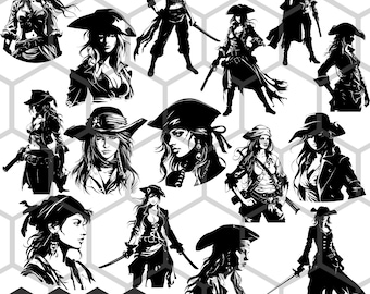 Female Pirate SVG PNG Bundle, Fierce Pirate Queen Clipart, Nautical Buccaneer Fantasy Art