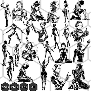 Emperatrices de acero encantadoras: explora el fascinante mundo del arte robot femenino - SVG y PNG, para imprimir en camisetas, tazas, grabado de corte vectorial