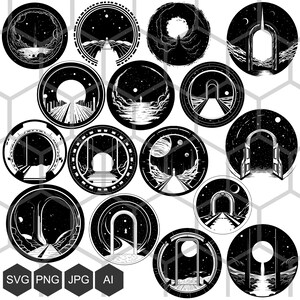 May include: A set of 16 black and white illustrations of celestial arches. Each archway is framed by a circle and features a starry sky, a moon, and a path leading to the arch. The illustrations are perfect for use in digital or physical projects.