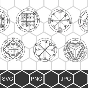 Op de afbeelding: Zes zwart-witte ronde ontwerpen met Hebreeuwse tekst en symbolen. De ontwerpen zijn gerangschikt in twee rijen van drie. De onderste rij bevat de woorden SVG, PNG, JPG en AI.