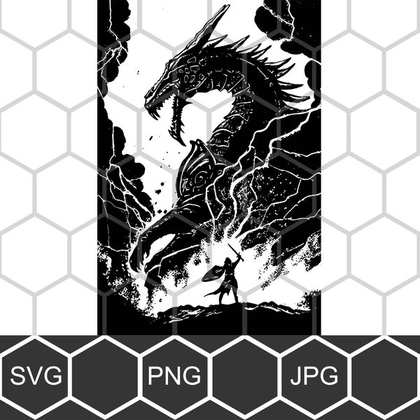 Dragon fight versus knight vector cut file svg png magic battle sketch for print