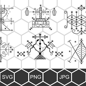 Magie vaudou, lot de Veve, talisman de Loa, Papa Legba, Maman Brigitte, Ayizan, Damballah, fichier vectoriel svg gravure png magie pour impression cnc
