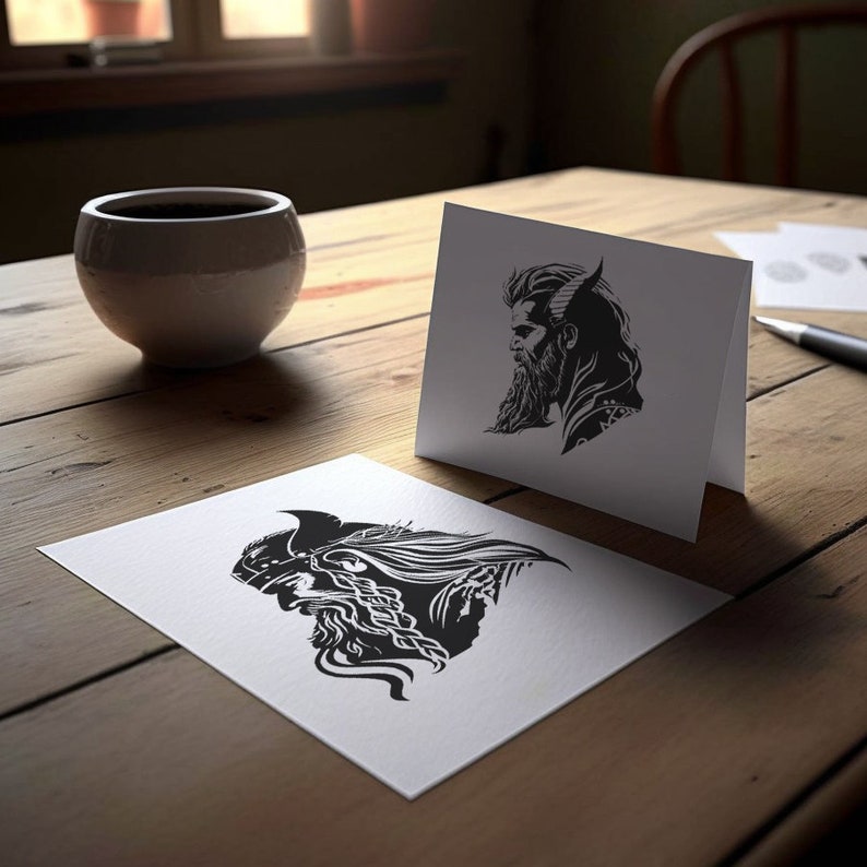May include: Two black and white illustrations of bearded men with long hair. The illustrations are printed on white card stock.