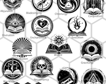 Dungeons and Dragons Wizard Subclass Icons SVG PNG, Arcane Tradition Symbols RPG Clipart
