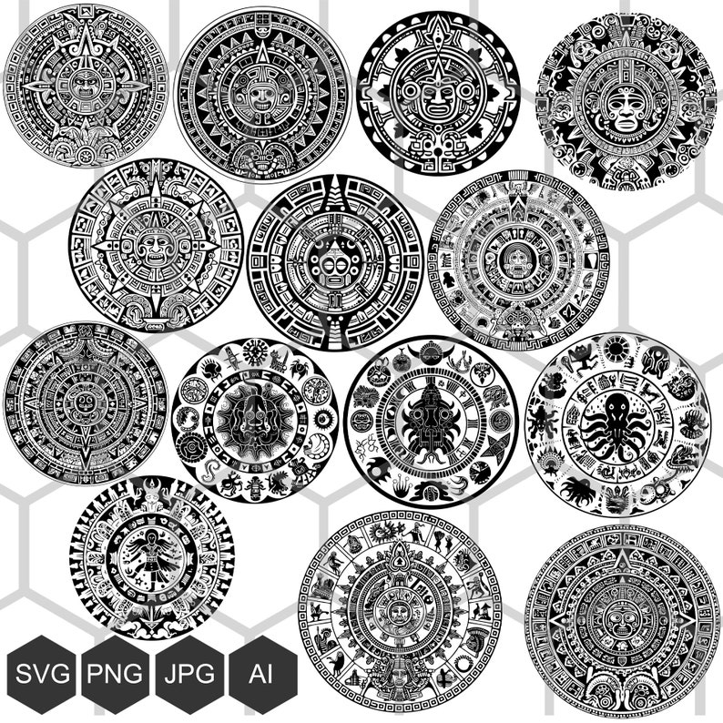 Puede incluir: Un conjunto de 14 dise&ntilde;os circulares en blanco y negro con intrincados patrones y s&iacute;mbolos. Los dise&ntilde;os est&aacute;n inspirados en el arte y la cultura maya y azteca antiguos.