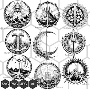 D&D Races Insignes: SVG- en PNG-logo's - Omarm de diversiteit van Dungeons and Dragons Races, Elf SVG, Halfling SVG, Dwarf SVG, Half-orc SVG