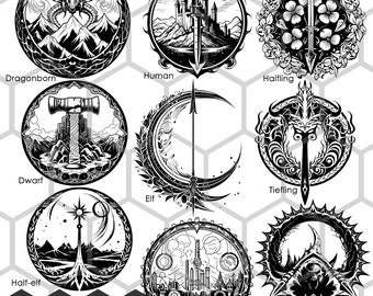 D&D Races Insignias: SVG and PNG Logos - Embrace the Diversity of Dungeons and Dragons Races, Elf svg, Halfling svg, Dwarf svg, Half-orc svg