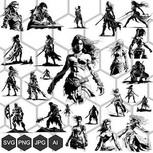 Female Warrior SVG PNG Bundle, Fantasy Fighter Women Clipart, Battle Heroine Vector Files