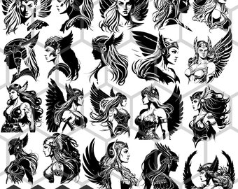 Valkyrie SVG PNG Bundle, clipart femme guerrière de la mythologie nordique, fichiers vectoriels Viking Shieldmaiden