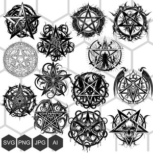 Pentagram svg bundel, om af te drukken op t-shirts, mokken, posters, vector gesneden bestand svg gravure png magische schets cnc