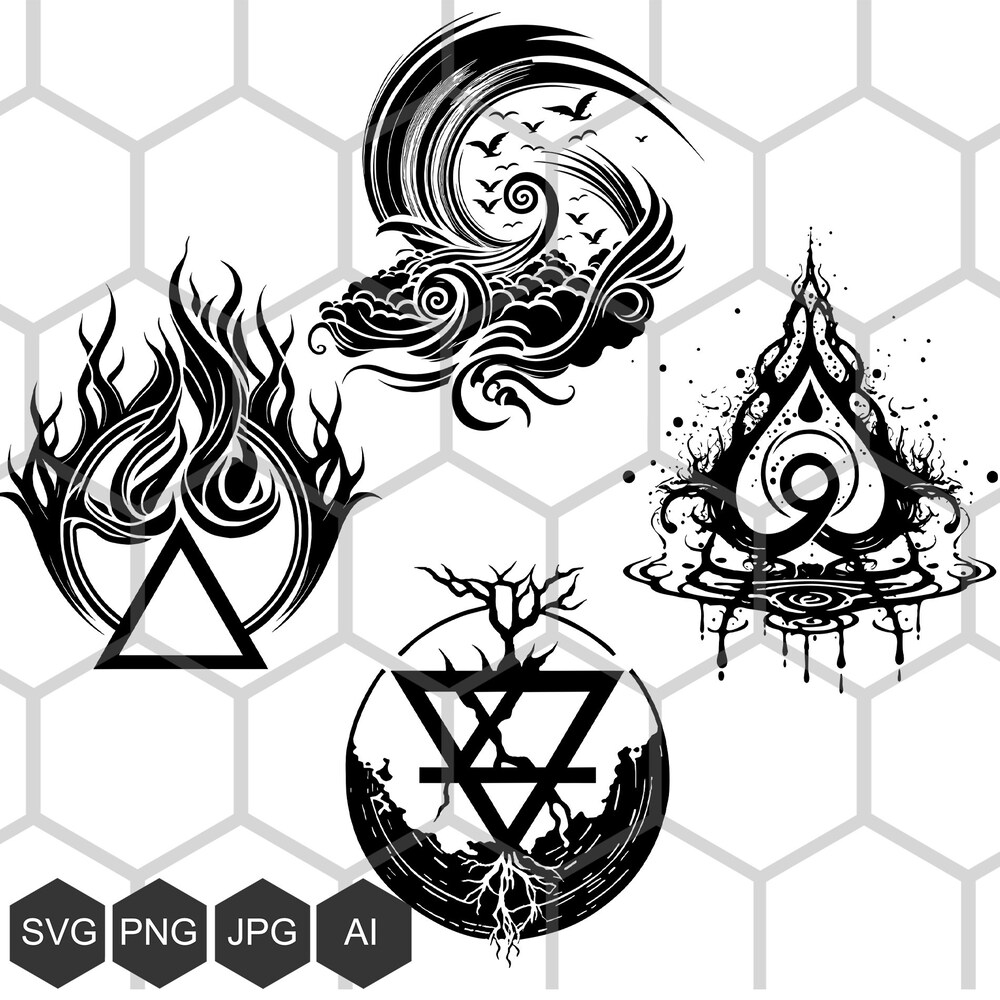 Snorider Design Alchemy Elements Bundle, Fire Svg Air Water Earth Elements For Print On T-Shirts, Mugs, Posters, Vector Cut File Svg Engraving Png Magic Cnc