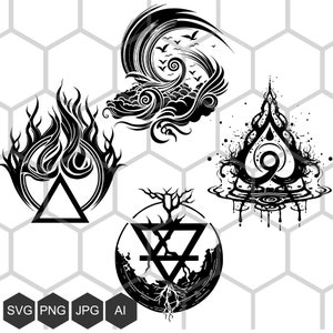 Pacchetto Alchemy Elements, fuoco SVG aria acqua terra elementi per la stampa su t-shirt, tazze, poster, file di taglio vettoriale SVG incisione PNG Magic cnc