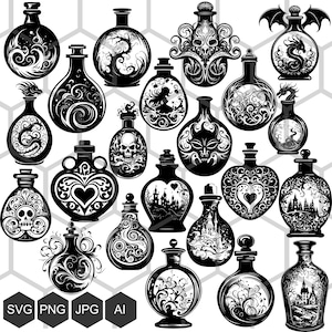 Könnte beinhalten: Eine Sammlung von 20 Schwarzweißillustrationen von Zaubertrankflaschen mit komplizierten Designs. Die Flaschen sind mit verschiedenen Flüssigkeiten gefüllt und haben unterschiedliche Formen und Größen. Einige Flaschen haben ein Schädel-, Herz-, Schloss- oder Drachenmotiv.