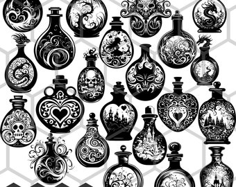 May include: A collection of 20 black and white illustrations of potion bottles with intricate designs. The bottles are filled with various liquids and have different shapes and sizes. Some bottles have a skull, a heart, a castle, or a dragon design.
