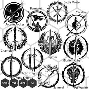 Warrior's Path: Logotipos SVG y PNG - Domina las artes de combate con subclases de luchadores de mazmorras y dragones - Símbolos de luchador svg
