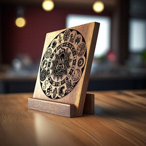 Puede incluir: Una placa de madera con un dise&ntilde;o en blanco y negro de un s&iacute;mbolo circular con una figura central y figuras que la rodean. La placa est&aacute; sobre un soporte de madera.