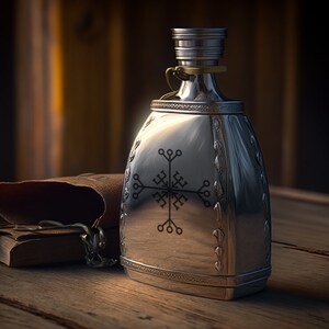 May include: A silver flask with a decorative design featuring a stylized symbol. The flask has a hinged lid and a small loop for carrying.