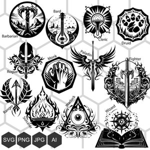 Classi del logo di Dungeons and Dragons: immagini SVG e PNG per avventurieri - Simboli di classe per la tua epica ricerca, Wizard svg, Warlock svg, Fighter