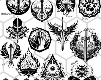 Dungeons and Dragons Logo Classes: SVG and PNG Images for Adventurers - Class Symbols for Your Epic Quest, Wizard svg, Warlock svg, Fighter
